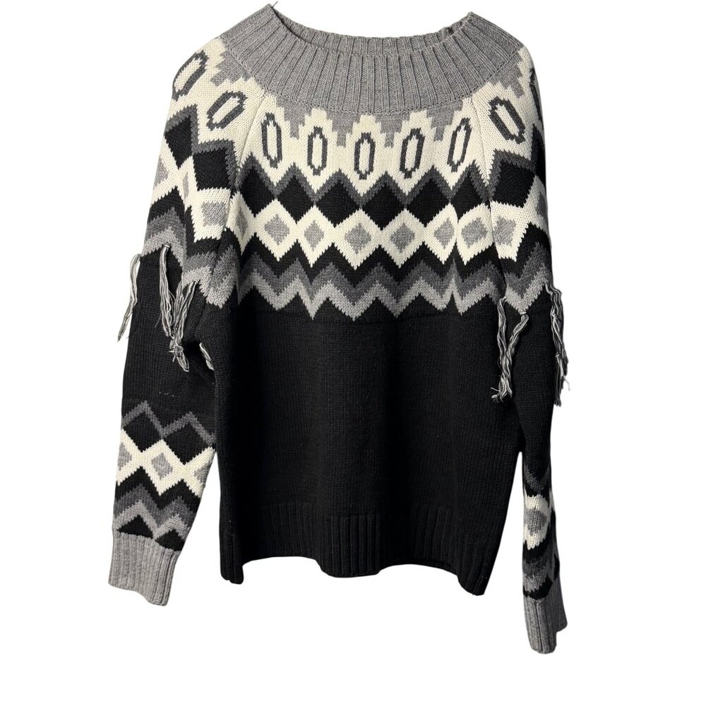 Molly Bracken Lili Sidonio Fair Isle Fringe Sweater Zigzag Black Gray Size Small